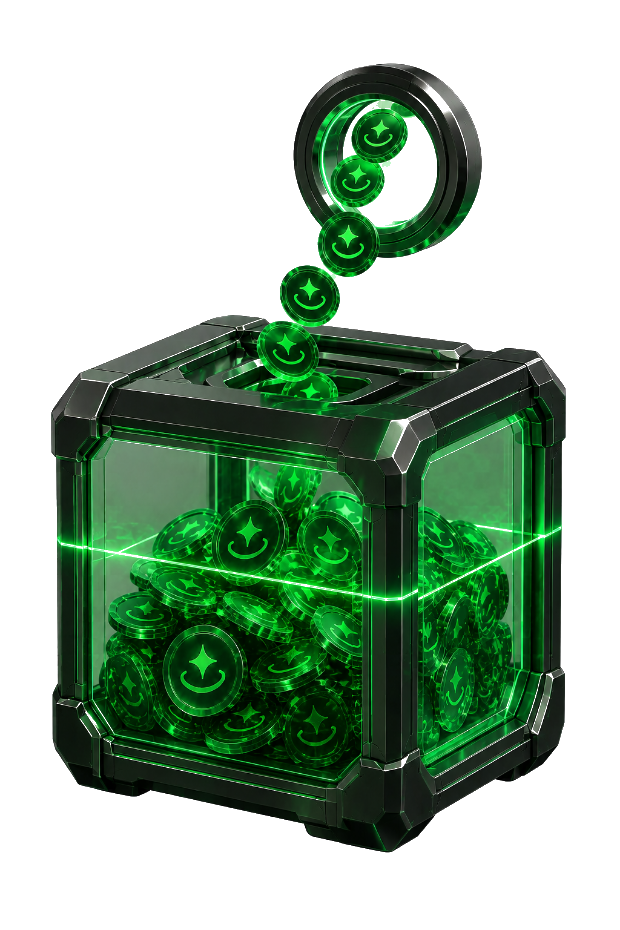A glass vault filled with leaderboard.trade coins